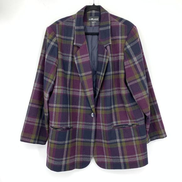 VTG 90s Sag Harbor Single Button Blazer Jacket Womens Sz XXL Purple Navy Plaid - Picture 1 of 5